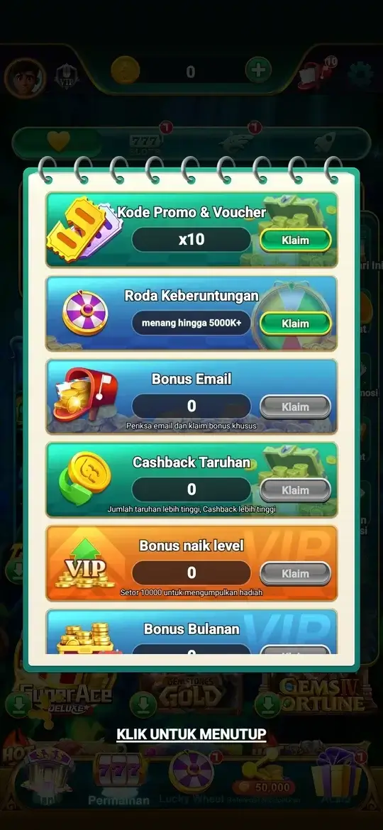 Halaman bonus dan voucher dalam aplikasi